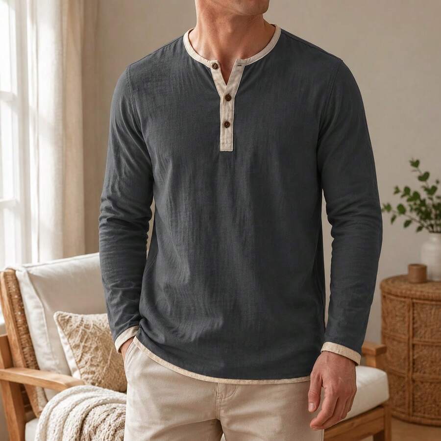Kontrast Henley Shirt Herren Langarm Vintage Baumwolle