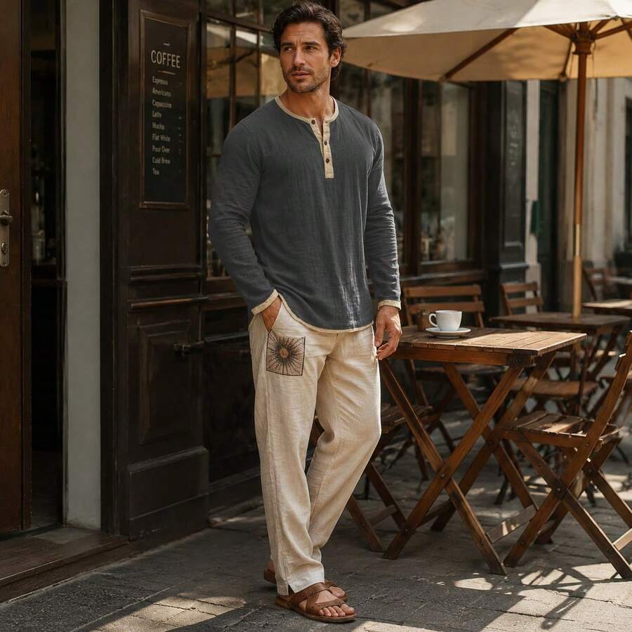 Kontrast Henley Shirt Herren Langarm Vintage Baumwolle