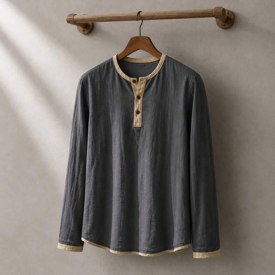 Kontrast Henley Shirt Herren Langarm Vintage Baumwolle