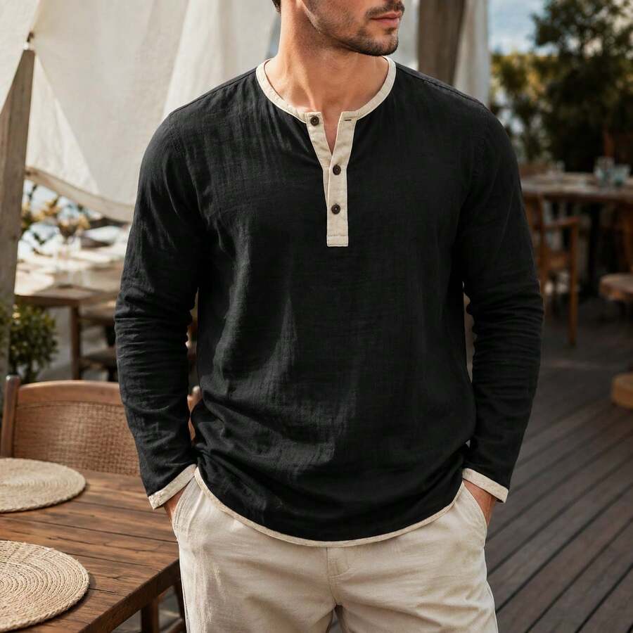 Kontrast Henley Shirt Herren Langarm Vintage Baumwolle