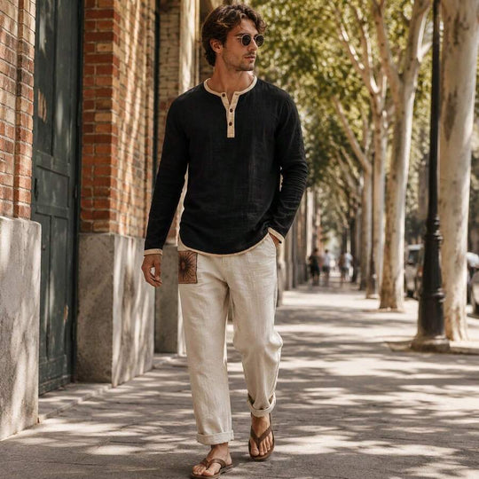 Kontrast Henley Shirt Herren Langarm Vintage Baumwolle