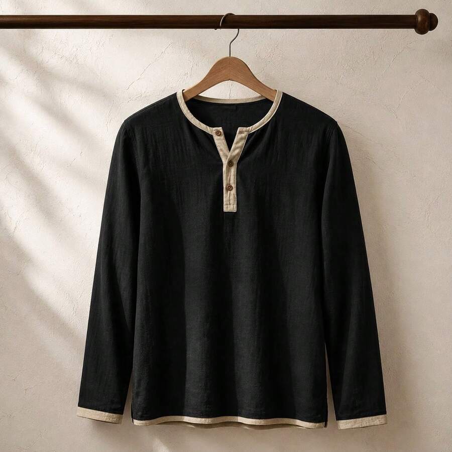 Kontrast Henley Shirt Herren Langarm Vintage Baumwolle