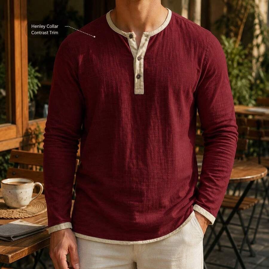 Kontrast Henley Shirt Herren Langarm Vintage Baumwolle