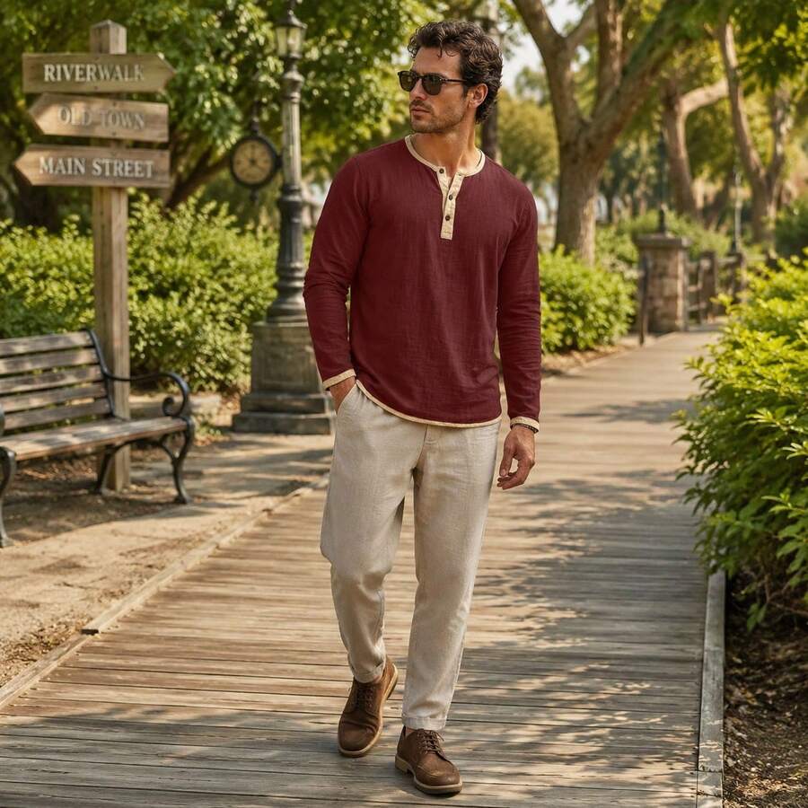 Kontrast Henley Shirt Herren Langarm Vintage Baumwolle
