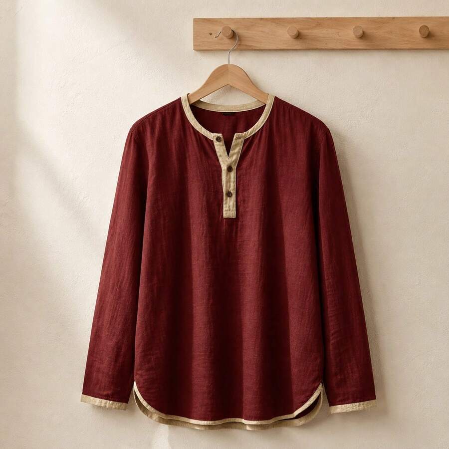 Kontrast Henley Shirt Herren Langarm Vintage Baumwolle