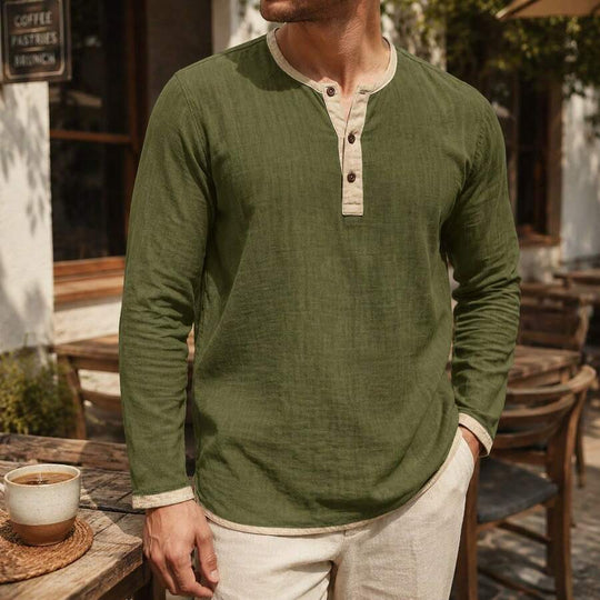 Kontrast Henley Shirt Herren Langarm Vintage Baumwolle