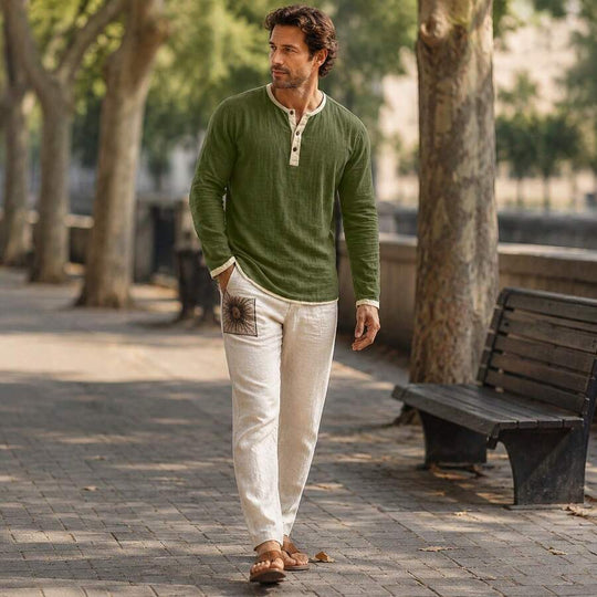 Kontrast Henley Shirt Herren Langarm Vintage Baumwolle