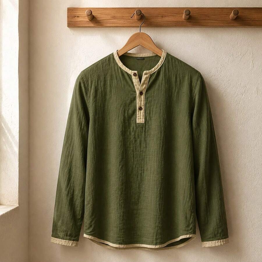 Kontrast Henley Shirt Herren Langarm Vintage Baumwolle