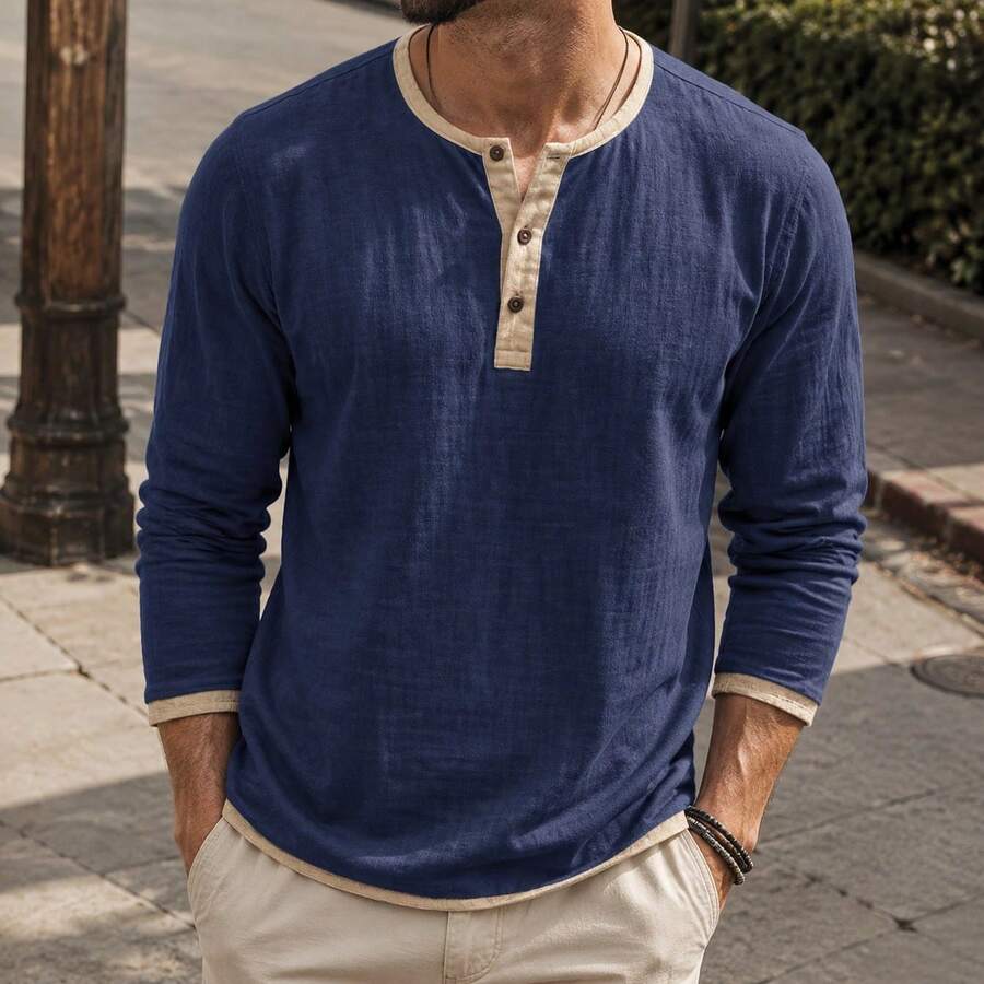Kontrast Henley Shirt Herren Langarm Vintage Baumwolle