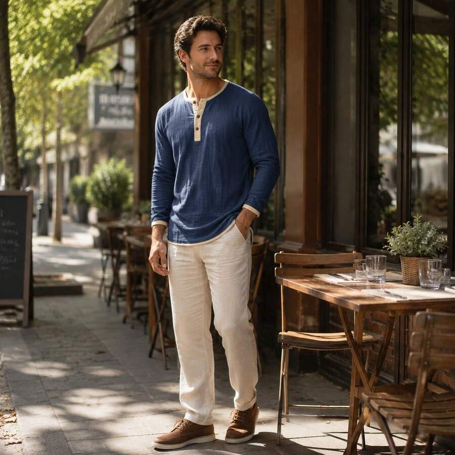 Kontrast Henley Shirt Herren Langarm Vintage Baumwolle