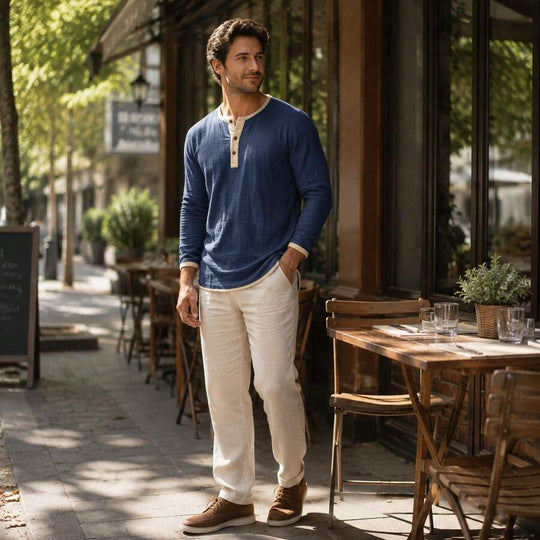 Kontrast Henley Shirt Herren Langarm Vintage Baumwolle