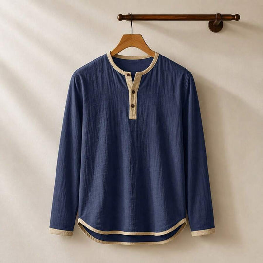 Kontrast Henley Shirt Herren Langarm Vintage Baumwolle