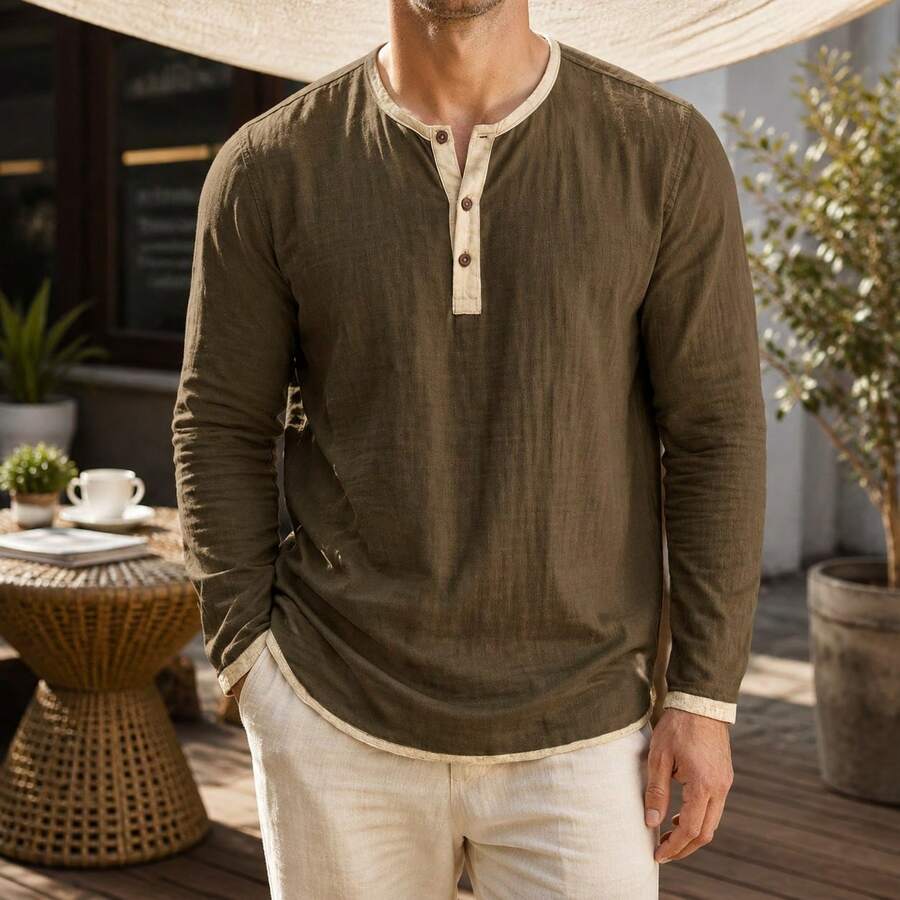 Kontrast Henley Shirt Herren Langarm Vintage Baumwolle