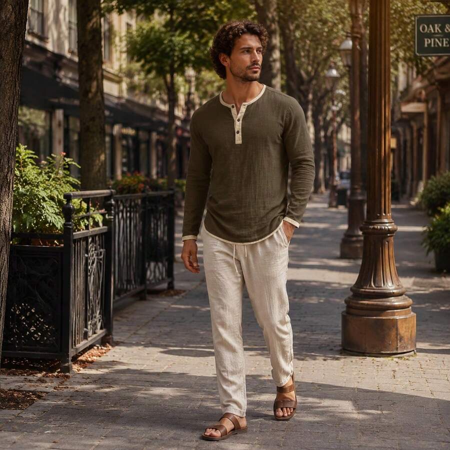 Kontrast Henley Shirt Herren Langarm Vintage Baumwolle