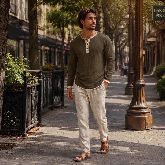 Kontrast Henley Shirt Herren Langarm Vintage Baumwolle