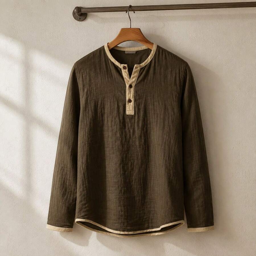 Kontrast Henley Shirt Herren Langarm Vintage Baumwolle
