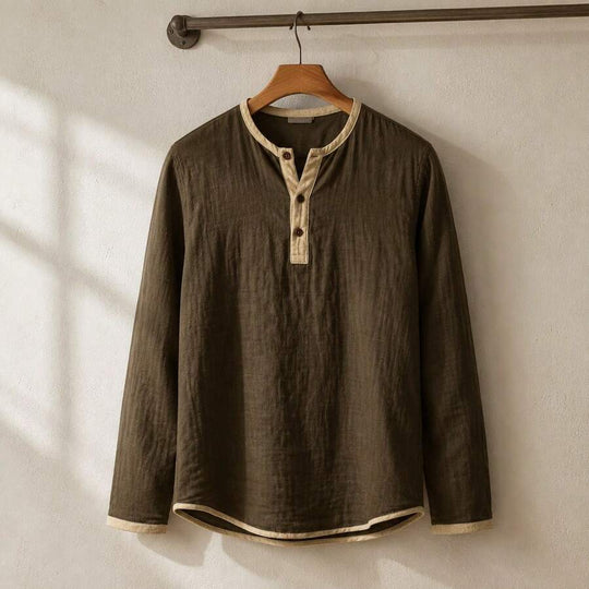 Kontrast Henley Shirt Herren Langarm Vintage Baumwolle