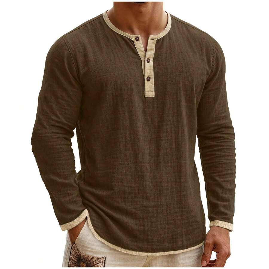 Kontrast Henley Shirt Herren Langarm Vintage Baumwolle