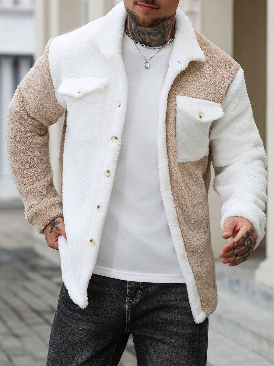 Teddy Jacke Herren Knopfleiste Kontrast Warm Winter
