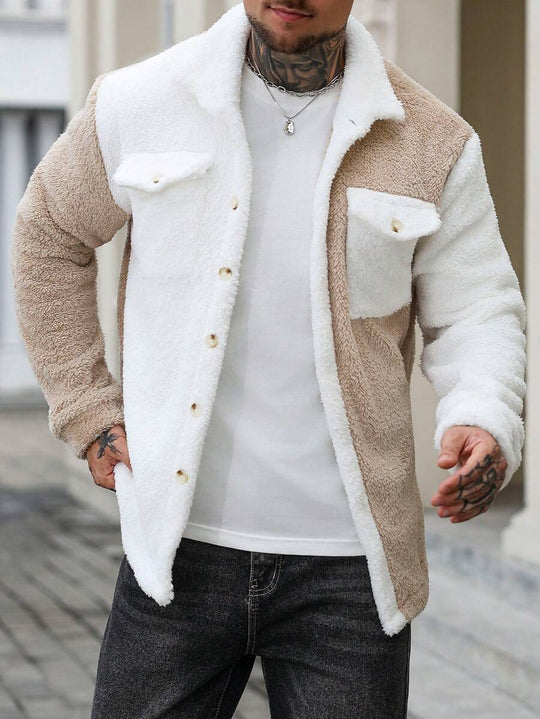 Teddy Jacke Herren Knopfleiste Kontrast Warm Winter