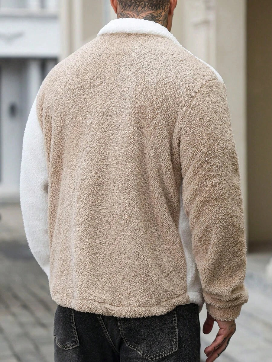 Teddy Jacke Herren Knopfleiste Kontrast Warm Winter
