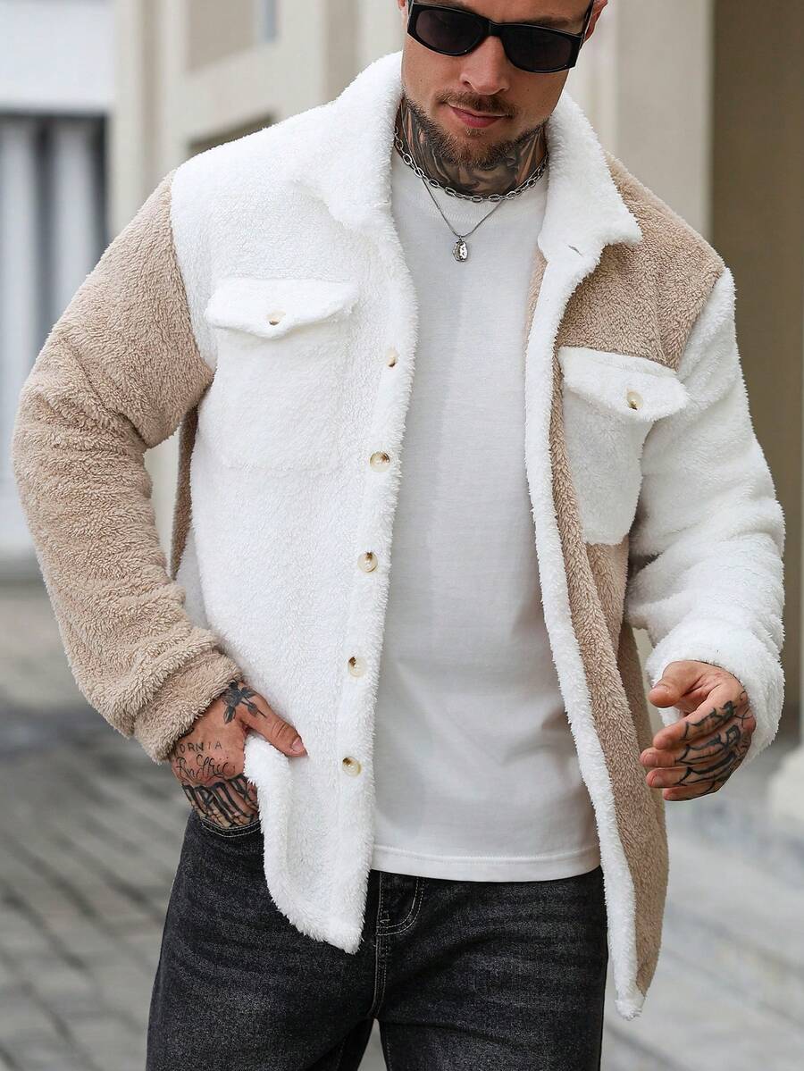 Teddy Jacke Herren Knopfleiste Kontrast Warm Winter