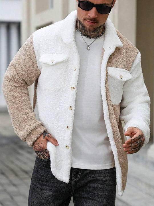 Teddy Jacke Herren Knopfleiste Kontrast Warm Winter