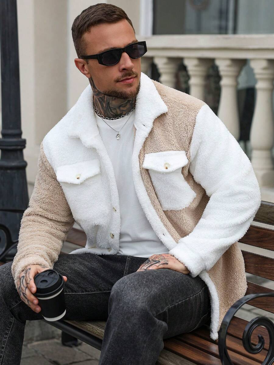 Teddy Jacke Herren Knopfleiste Kontrast Warm Winter