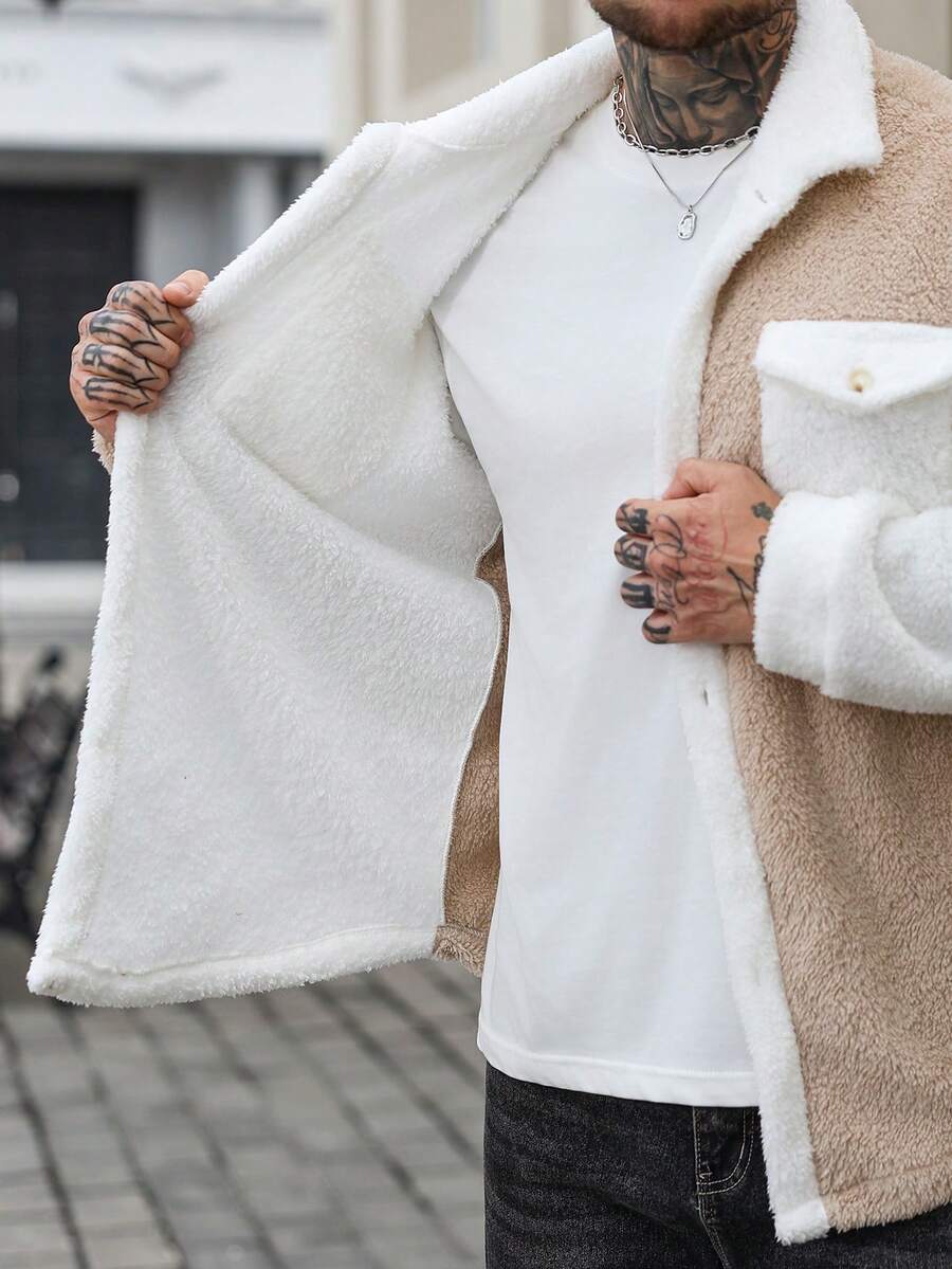 Teddy Jacke Herren Knopfleiste Kontrast Warm Winter