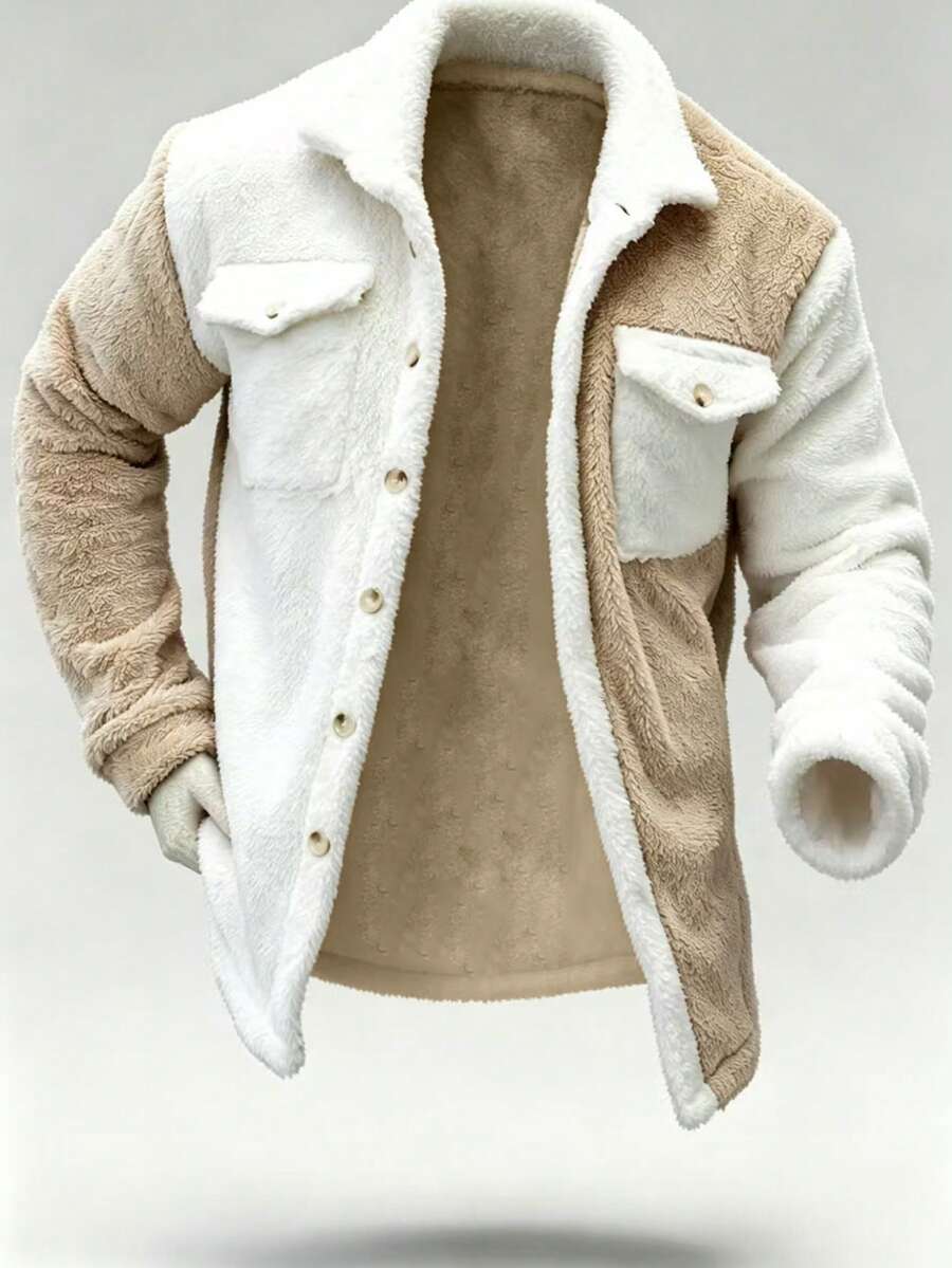 Teddy Jacke Herren Knopfleiste Kontrast Warm Winter