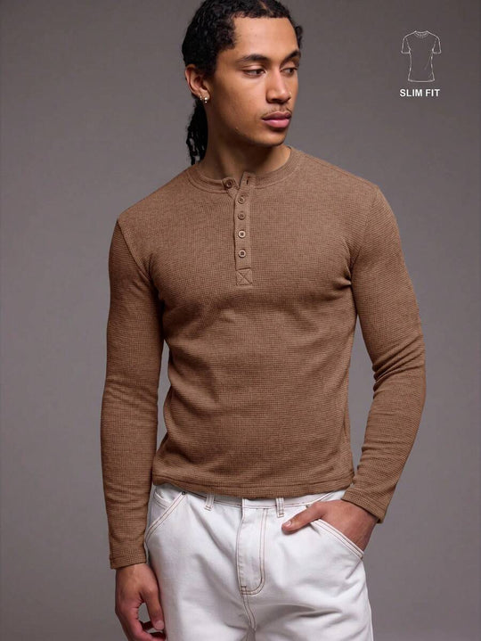 Waffelstrick Henley Herren Langarm mit Knopfleiste