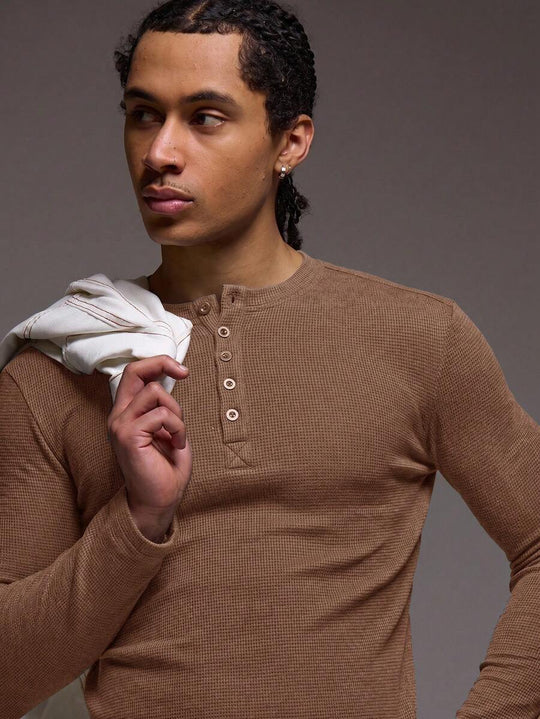 Waffelstrick Henley Herren Langarm mit Knopfleiste