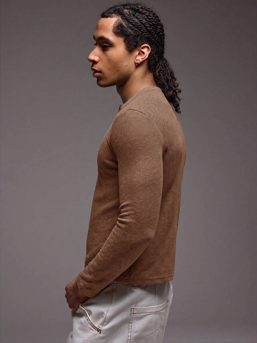 Waffelstrick Henley Herren Langarm mit Knopfleiste