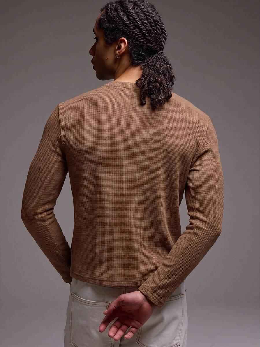 Waffelstrick Henley Herren Langarm mit Knopfleiste