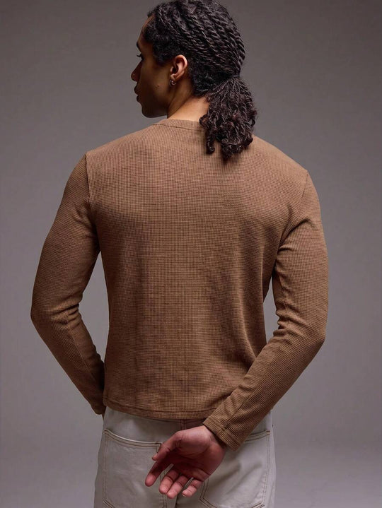 Waffelstrick Henley Herren Langarm mit Knopfleiste