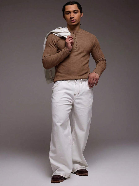 Waffelstrick Henley Herren Langarm mit Knopfleiste