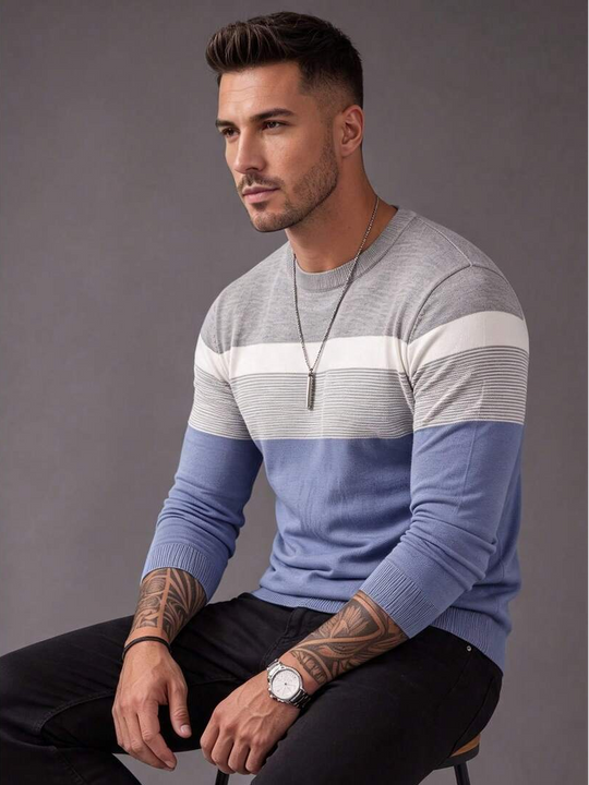 Kontrast Feinstrick Pullover Herren V-Ausschnitt