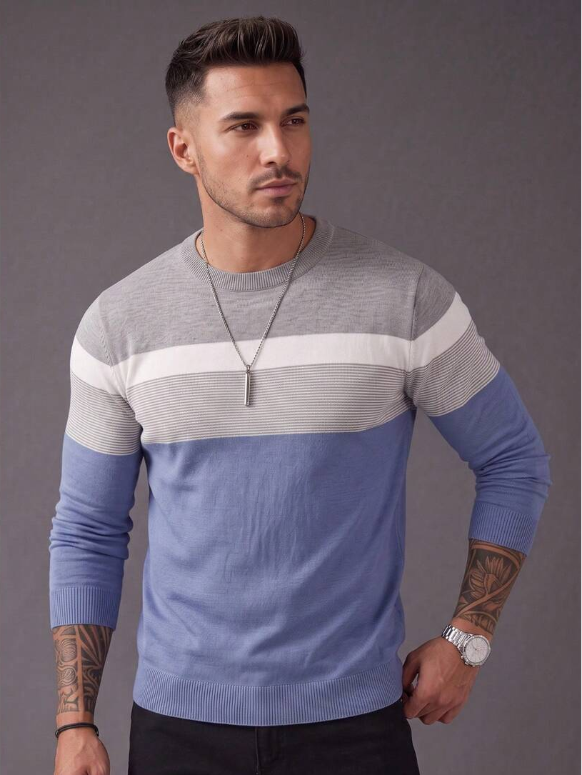 Kontrast Feinstrick Pullover Herren V-Ausschnitt