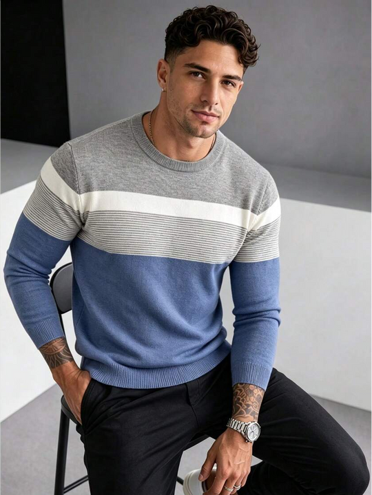 Kontrast Feinstrick Pullover Herren V-Ausschnitt