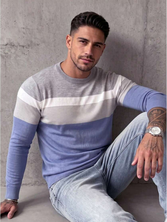 Kontrast Feinstrick Pullover Herren V-Ausschnitt