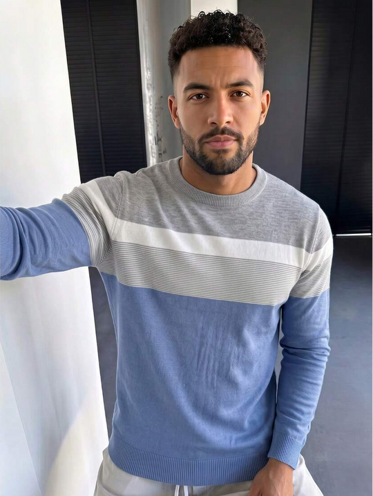 Kontrast Feinstrick Pullover Herren V-Ausschnitt