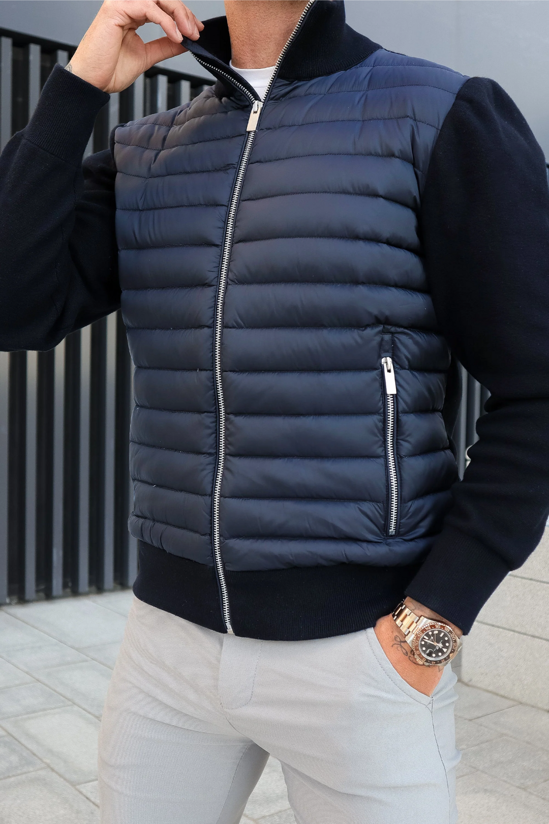 Hybrid Jacke Herren Gesteppt Strickärmel Leicht Tailliert