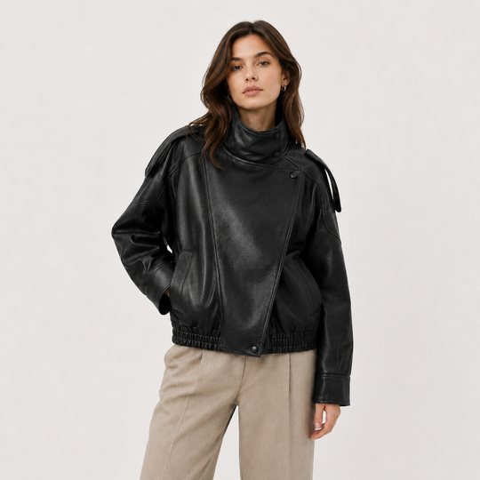 Bikerjacke Damen Kunstleder Asymmetrisch Oversized Locker