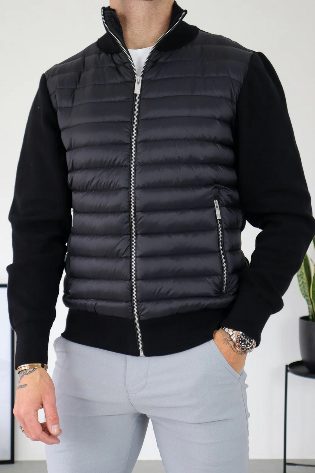Hybrid Jacke Herren Gesteppt Strickärmel Leicht Tailliert