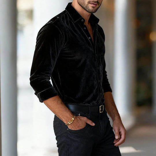 Eleganter Samt Hemd Herren Langarm Luxus Abend Casual