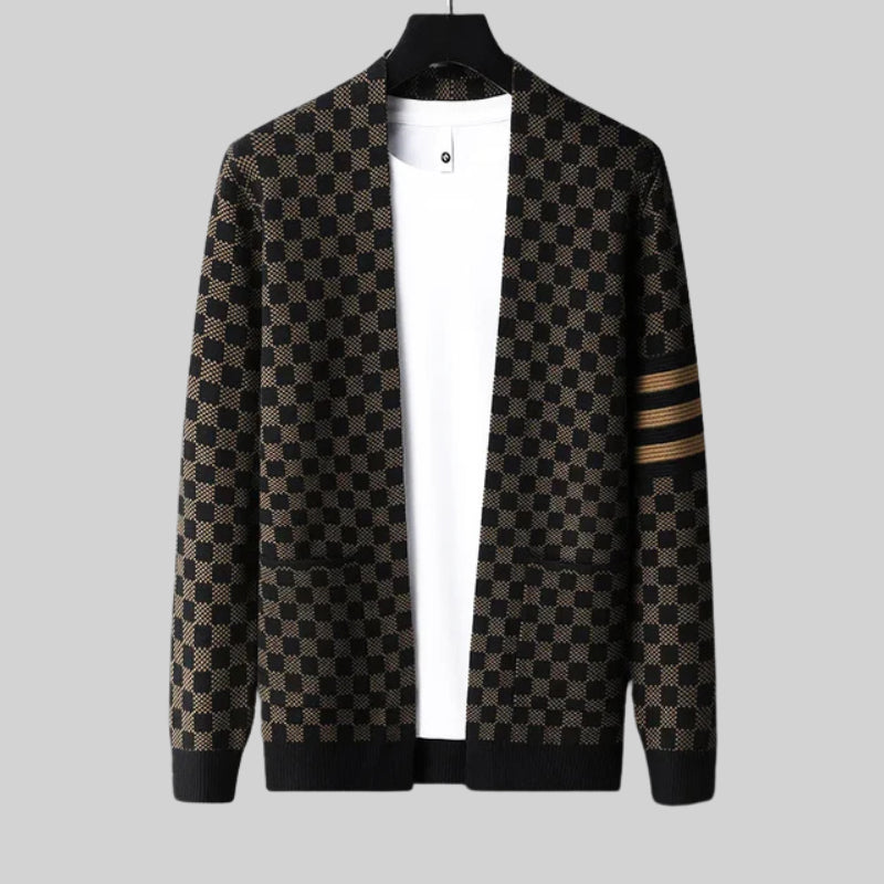 Karierter Woll Cardigan Herren Locker Zwei Taschen