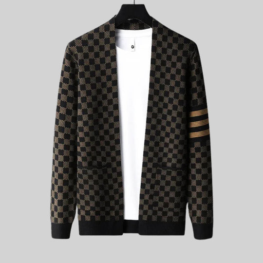 Karierter Woll Cardigan Herren Locker Zwei Taschen