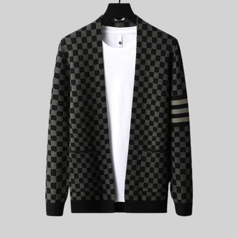 Karierter Woll Cardigan Herren Locker Zwei Taschen