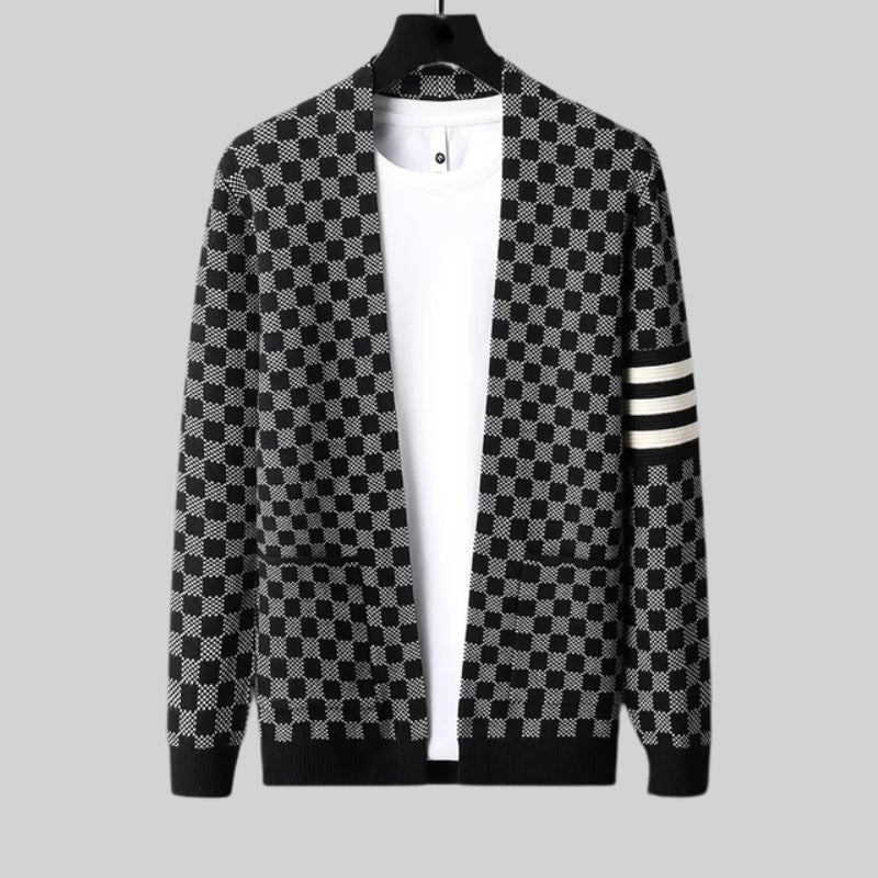 Karierter Woll Cardigan Herren Locker Zwei Taschen