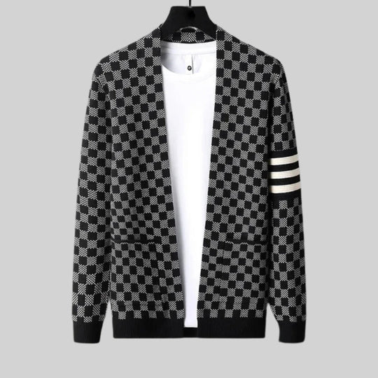 Karierter Woll Cardigan Herren Locker Zwei Taschen